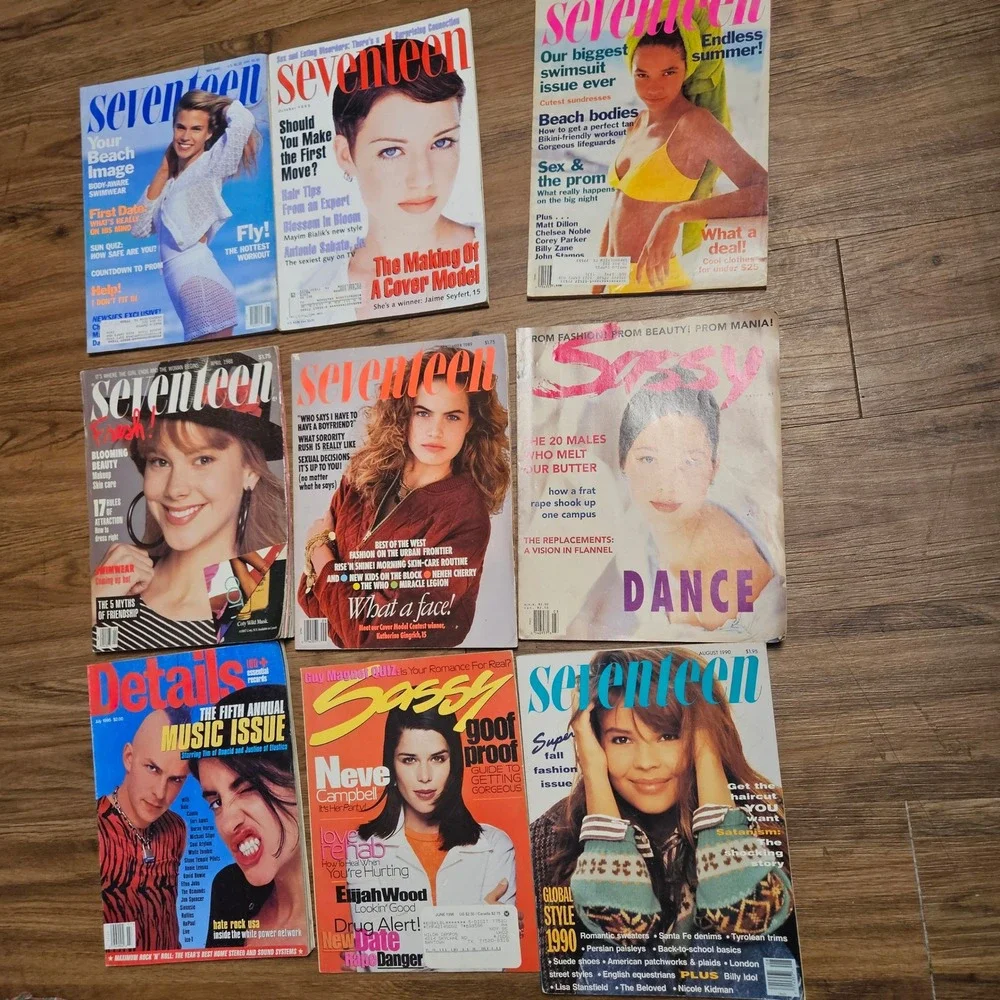 Lot of 9 VTG 1990s Magazines Seventeen Sassy Details Neve Campbell Elijah Wood